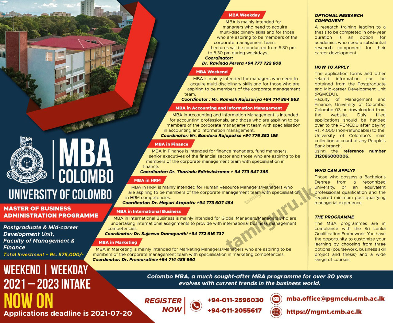 MBA Programmes 2021 - University of Colombo - Notice