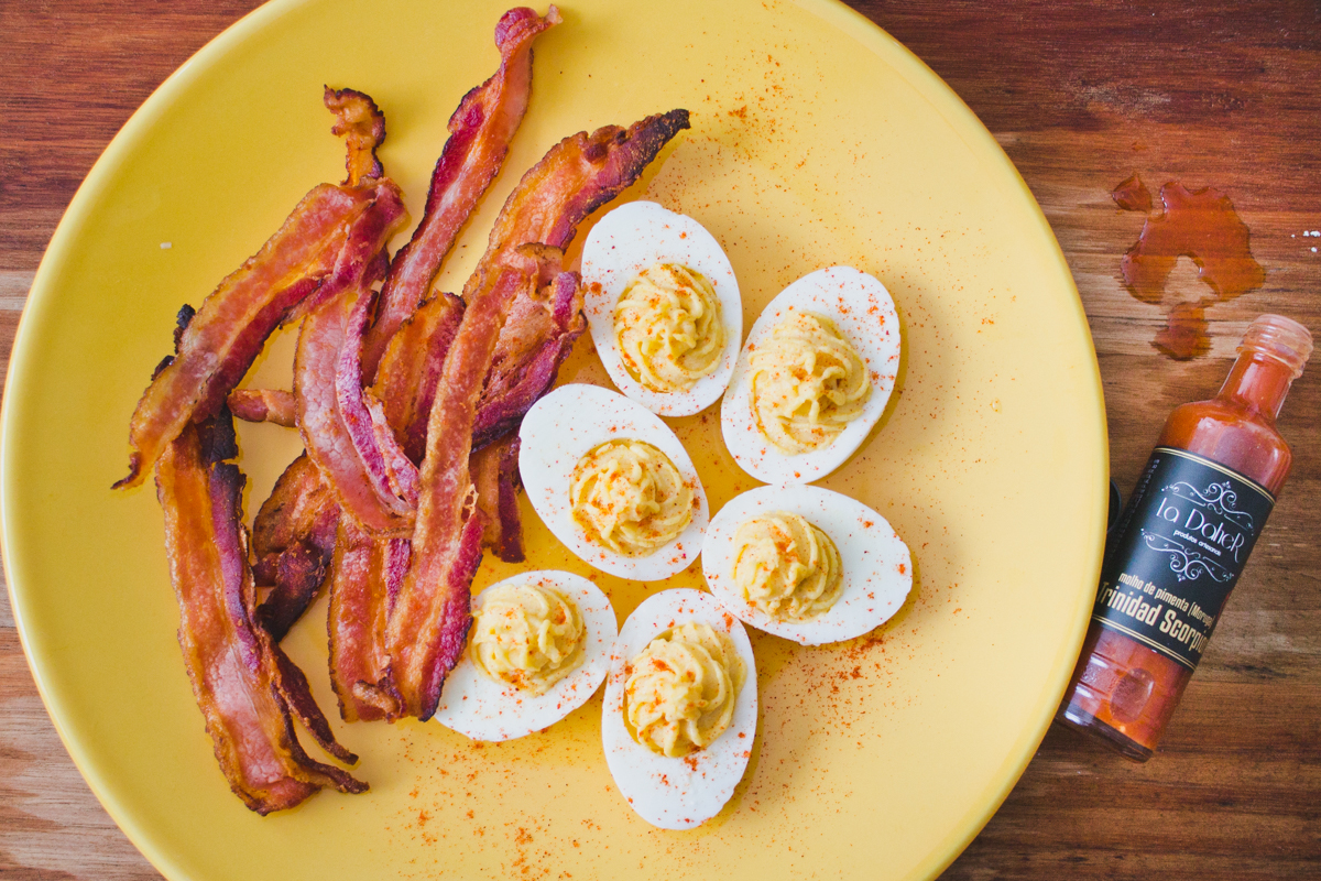 TRINIDAD SCORPION DEVILED EGGS + BACON