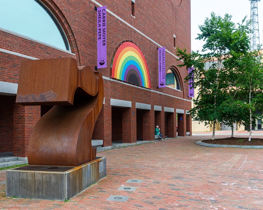 Portland, Maine USA June 2020 photo by Corey Templeton. A rainbow in the window of the Portland Museum of Art for LGBTQ+ Pride month.