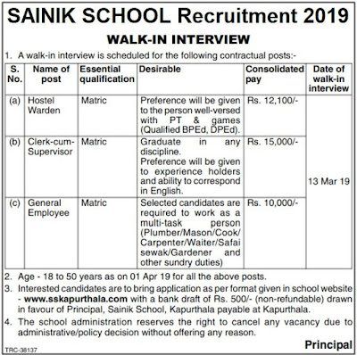 SAINIK SCHOOL Recruitment 2019