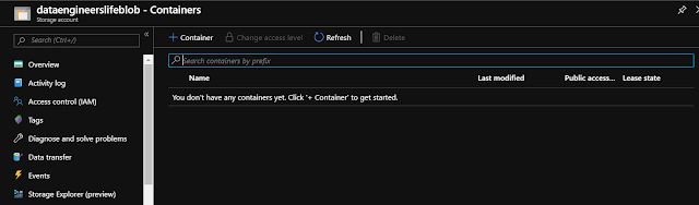 Azure Storage account Container screen