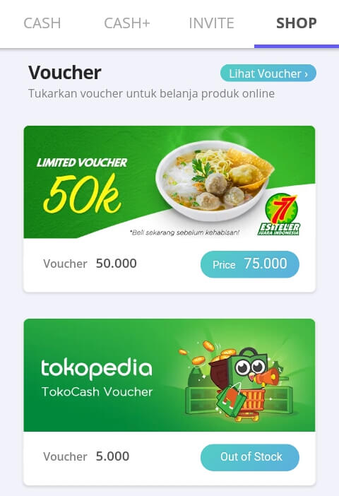 Itulah langkah untuk memperoleh Cash. Kumpulkan Uang sebanyak-banyaknya dan tukarkan dengan berbagai Voucher ataupun Produk menarik pada menu "Shop".