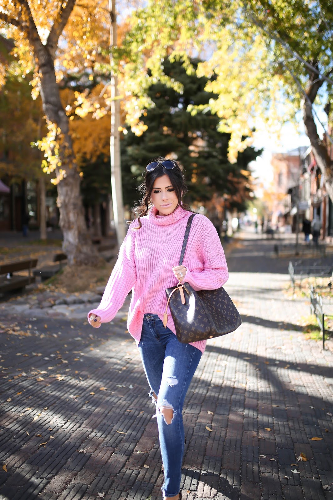Emily Gemma, The Sweetest Thing Blog, aspen fashion blog, hot pink turtleneck ASOS, how pink turtleneck Nordstrom, Zara ripped jeans, leopard pumps, christian louboutin so kate leopard pumps, louis vuitton Montaigne GM, pinterest fall fashion 2016, pinterest fall outfits, pinterest outfit ideas fall casual women, pinterest fall trends 2016, pinterest fall outfit ideas for women, fall date night outfits, best fall outfits, popular fall outfits, how to wear hot pink in fall, leopard print pumps outfit idea, fashion blogs with fall outfits, popular fashion blogs fall outfits, messy ponytail tutorial, how to make a messy low ponytail, messy voluminous low ponytail, medium brunette hair style, fall hairstyles 2016, fall hair brunette balayage medium, smash box OBVI lipstick charlotte tilbury lipgloss, david yurman morganite albion ring gold, david yurman bracelet stack