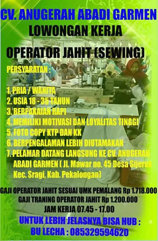 Lowongan Kerja Cv Anugrah Abadi Garmen Pekalongan Loker Pemalang