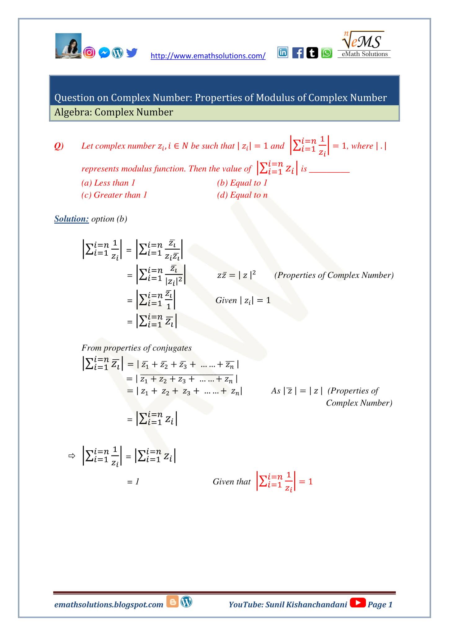 Complex Numbers (Algebra): Question on Properties of Modulus of Complex ...