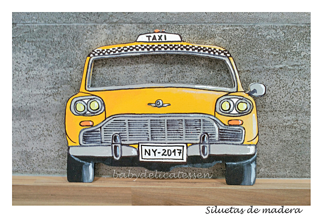 BABY DELICATESSEN LETRAS DE MADERA TAXI DE NUEVA YORK EN SILUETA DE MADERA