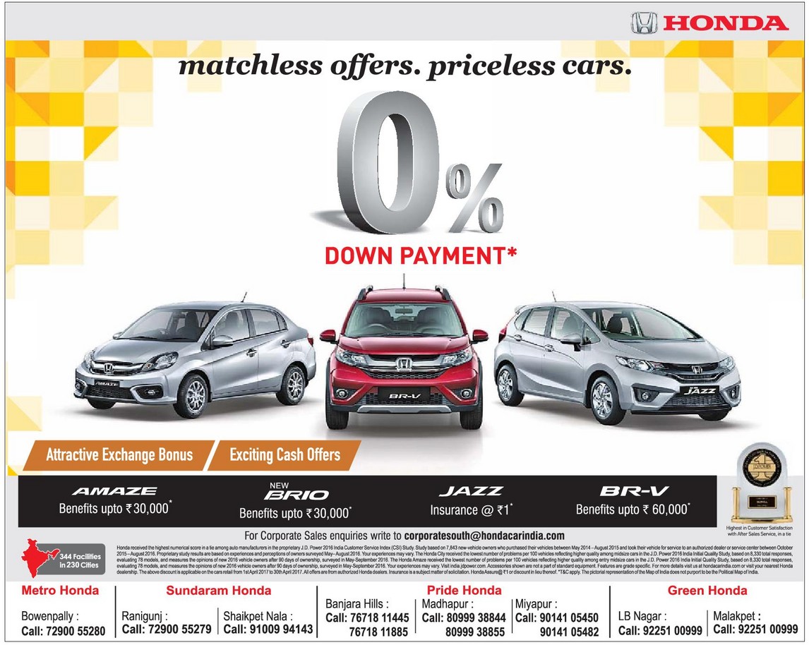 Zero down payment on Honda cars with attractive exchange bonus and