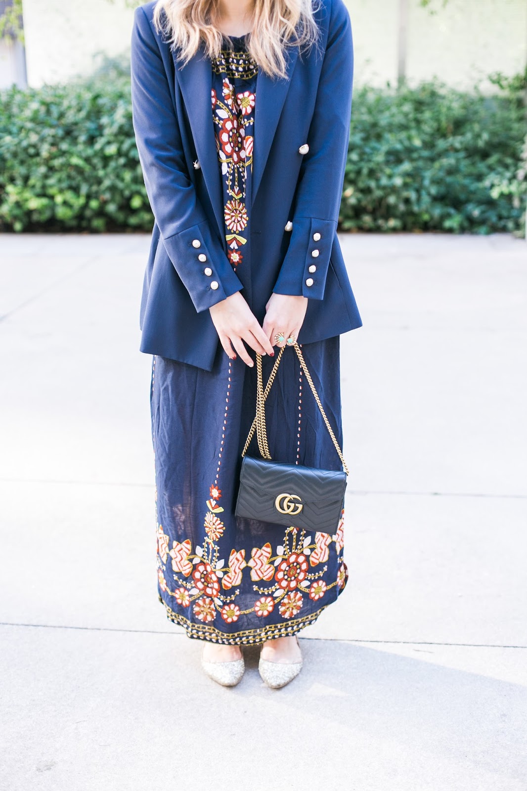 Bijuleni | The Perfect Bardot Dress paired with navy blazer and Gucci Marmont matelassé mini bag 