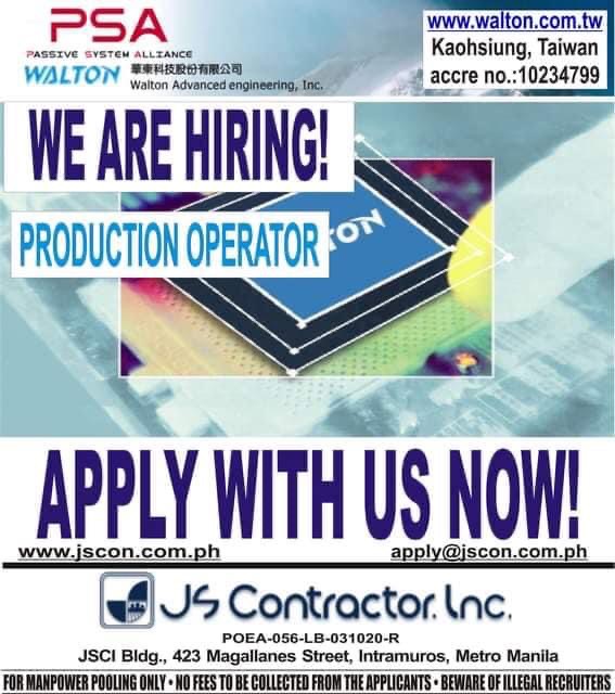 Job Hiring Walton Advanced Engineering in Taiwan now hiring production