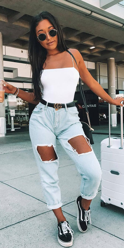 kickstart this season with these 24 charming street style summer fashion ideas. Summer Outfits via higiggle.com | ripped jeans | #streetstyle #summeroutfits #fashion