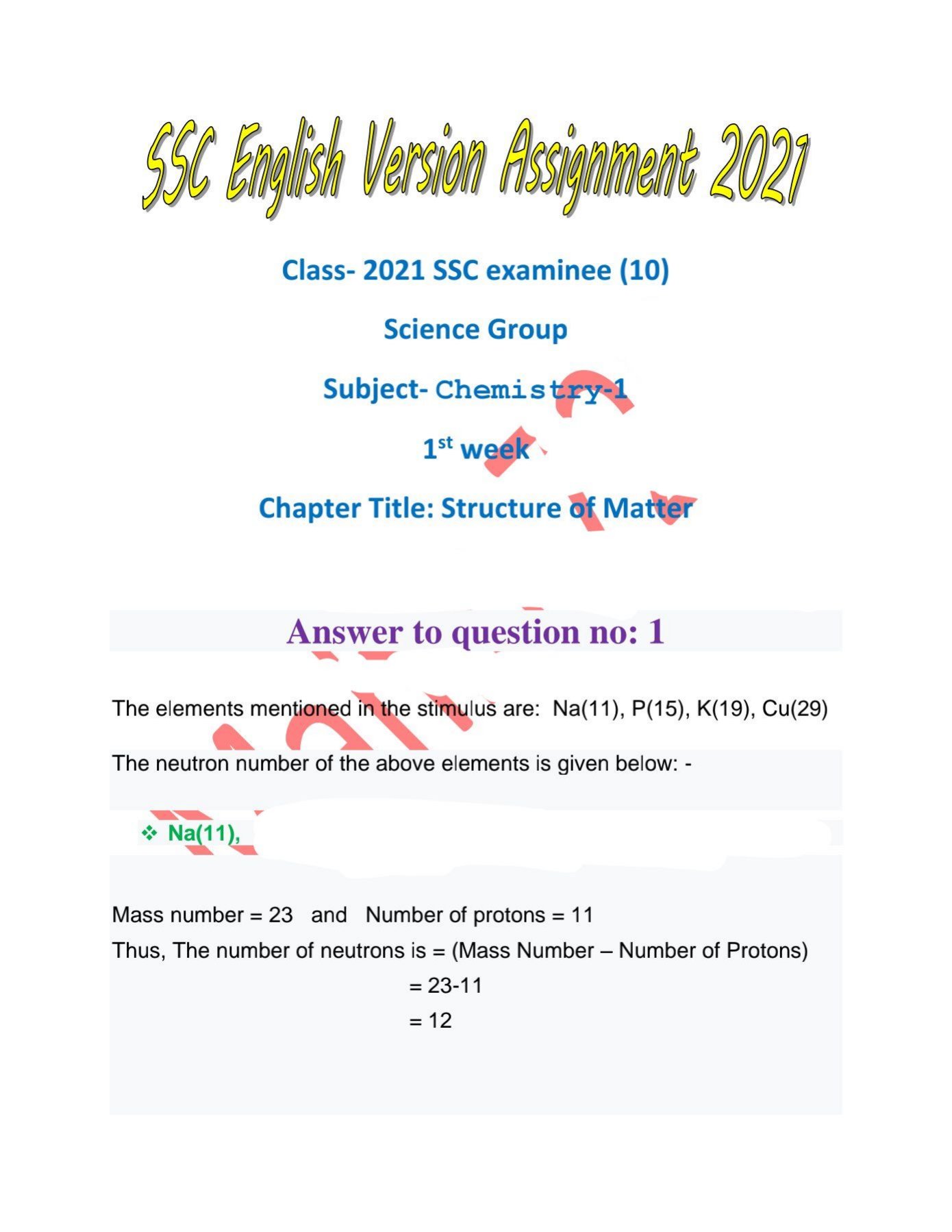 chemistry assignment ssc 2021 1st week answer