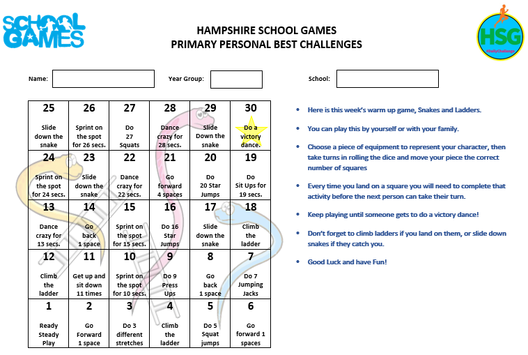 Alderwood Junior School Workout Wednesday Snakes and Ladders