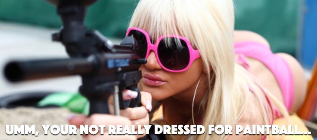 Paintball humorous picture for a stag do Lovely lady in a bikini and sunglasses aiming a paintball gun