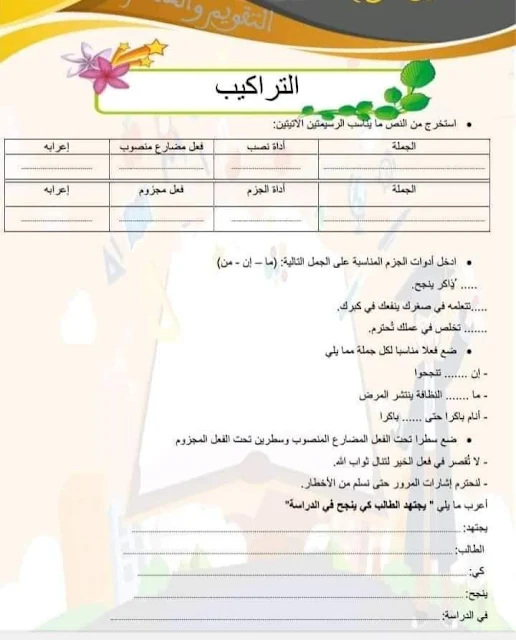 تمارين داعمة في التراكيب و الصرف و التحويل الوحدة السادسة الأسبوع الأول المستوى الرابع