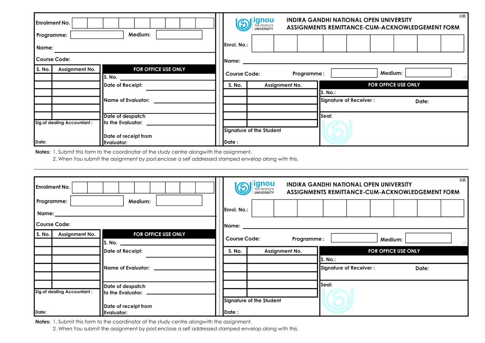 ignou acknowledgement slip download for assignment