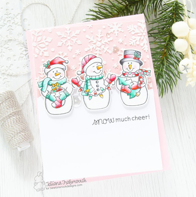 Snowman Christmas Card by Tatiana Trafimovich | Snow Much Cheer Stamp Set, Snowfall Stencil and Land Borders Die Set by Newton's Nook Designs