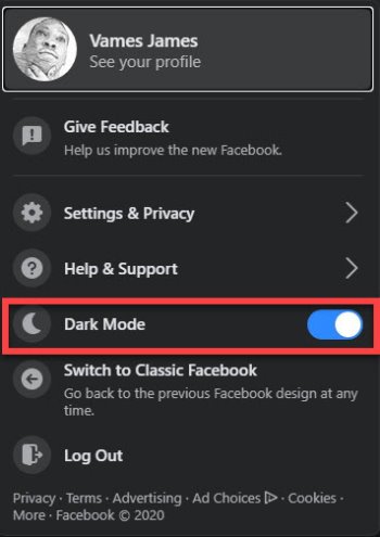 Modo oscuro en Facebook