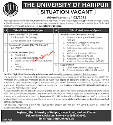 University of Haripur Jobs 2021 UOH Latest Jobs Advertisement No. 3