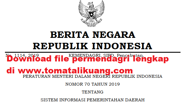 Download File Permendagri RI No. 70 Tahun 2019 tentang Sistem Informasi