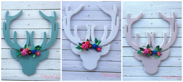 CABEZAS DE CIERVO DE MADERA CON CORONA DE FLORES DE FIELTRO CABEZAS DE CIERVO DE MADERA CON CORONA DE FLORES DE FIELTRO