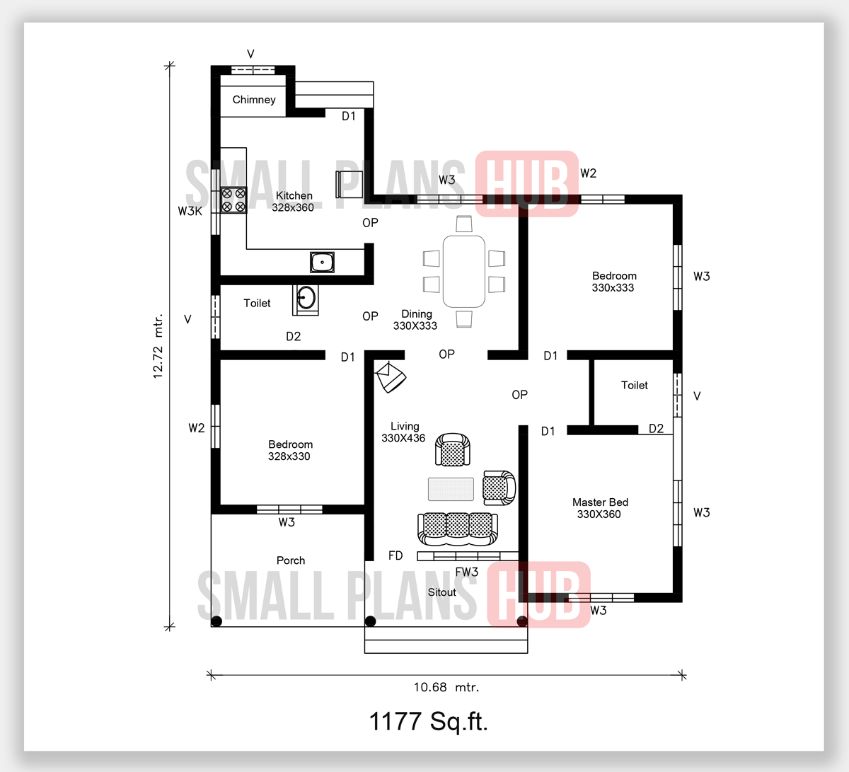 Kerala Style 1110 Sq.Ft. Three Bedroom House Plan and