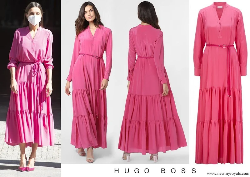 Queen Letizia wore Hugo Boss pink silk georgette  maxi dress
