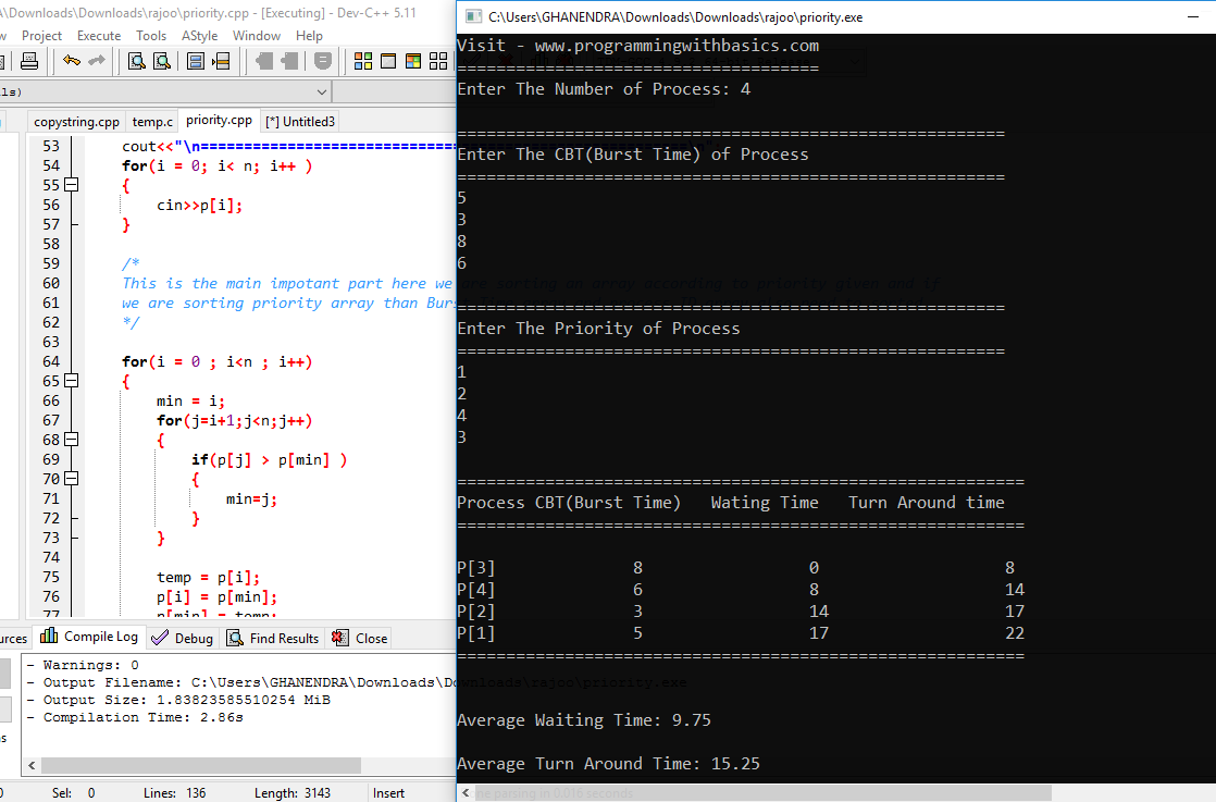 Non-Preemptive Priority Scheduling Program in C++ | Gantt Chart