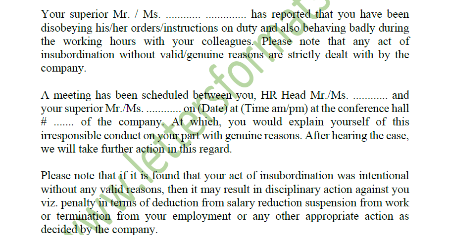 Sample Warning Letter To Employee For Wilful Insubordination