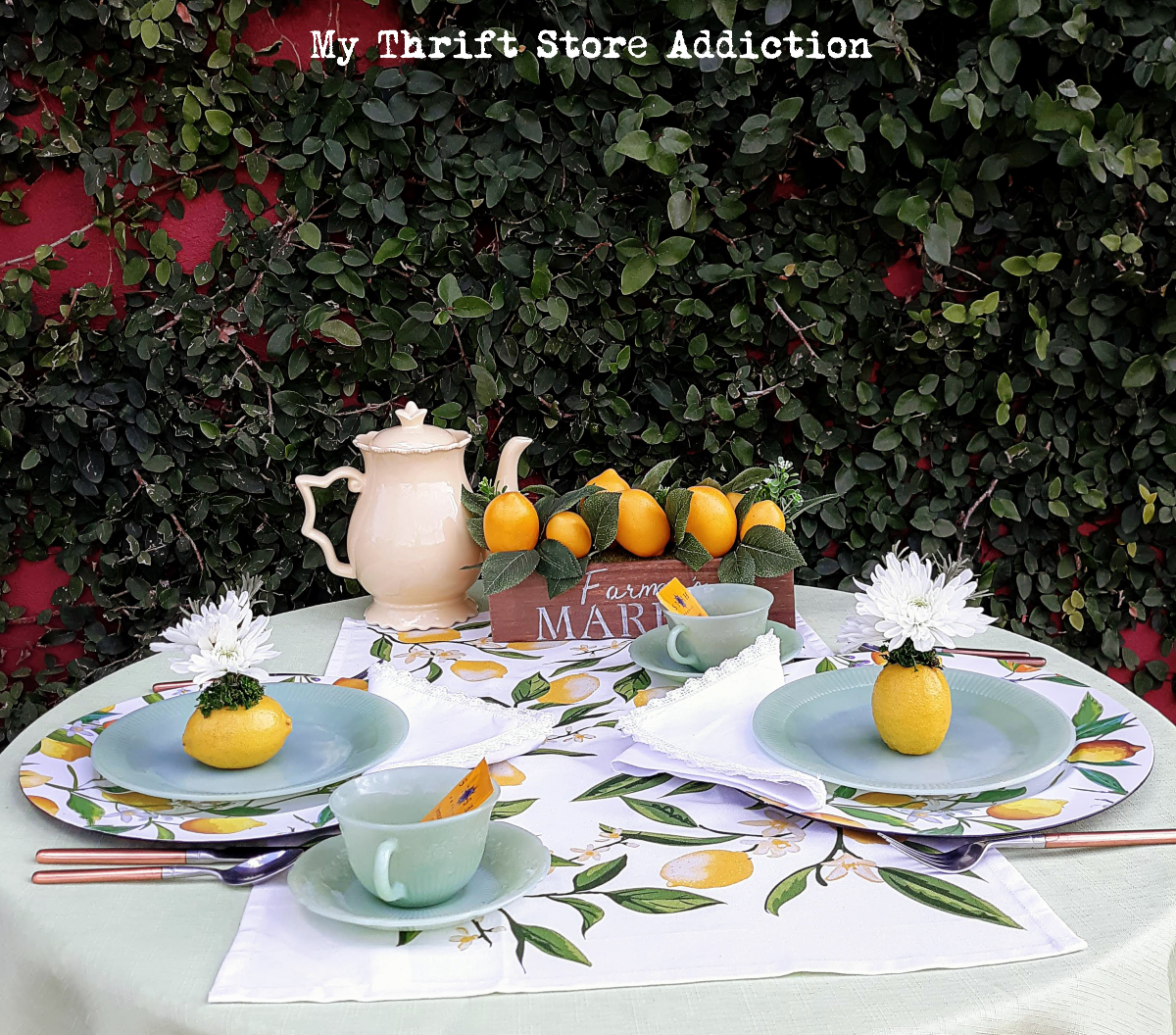 lemons and jadeite garden tablescape