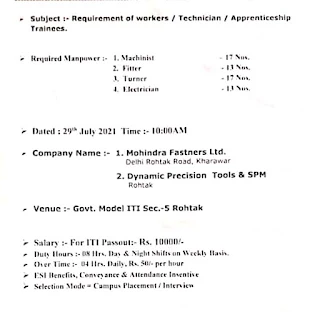 ITI Job Campus Placement Drive For Mahindra Fasteners Ltd and Dynamic Precision Tools & SPM at Govt. Model ITI, Rohtak, Haryana