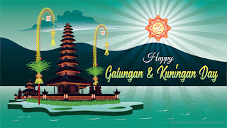 Green Balinese Hindu Holiday Greeting Happy Galungan With Ulun Danu Temple