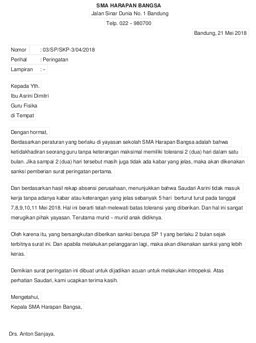 10 Contoh Surat Peringatan Karyawan SP1, SP2, SP3 Sebagai