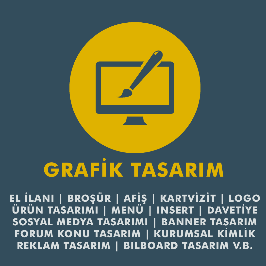 El İlanı, Broşür, Afiş, Davetiye, Insert, Menü, Ürün Tasarımları, Sosyal Medya Tasarımları, Reklam Tasarım, Bilboard, Kartvizit, Kurumsal Kimlik, Aksesuar Tasarımları, Magnet