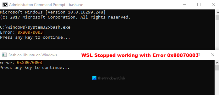 WSL перестал работать с ошибкой 0x80070003