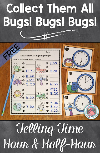 Enjoy this free bug themed small group task card math activity with a twist, for practicing or reviewing telling time to the hour and half-hour; perfect for first grade, summer review, or the beginning of second grade. 