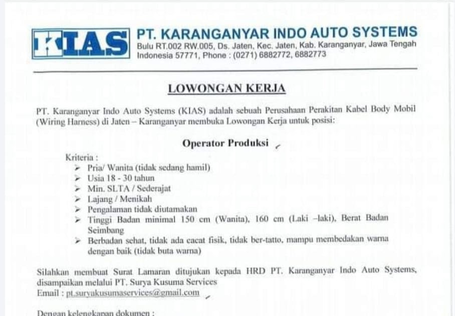 Lowongan Kerja Di Pt Karanganyar Indo Auto System Lowongan Yogyakarta Solo Semarang Kerja