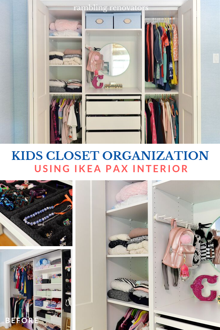 kids closet organization ideas, kid friendly closet organization, built in IKEA closet, tween closet, IKEA Pax closet