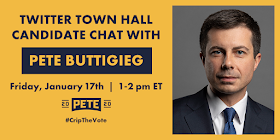 Twitter Town Hall Candidate Chat with Pete Buttigieg - Friday, January 17, 2020 - 1-2 PM EST - 2020 Buttigieg logo - #CripTheVote 