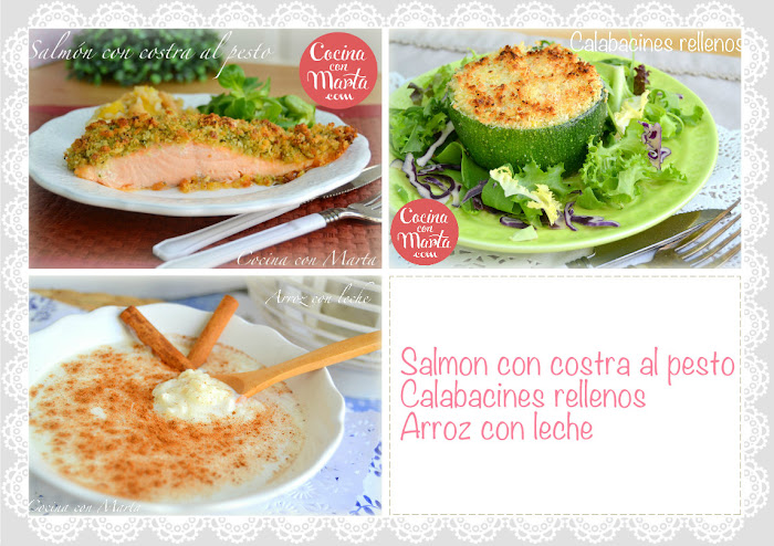 Menú del día, salmón al pesto, calabacines rellenos, arroz con leche, cocina con marta, recetas, ideas, fácil, rápido, saludable