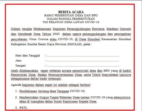 Berita Acara Rapat Pembentukan Tim Relawan Desa Lawan Covid 19