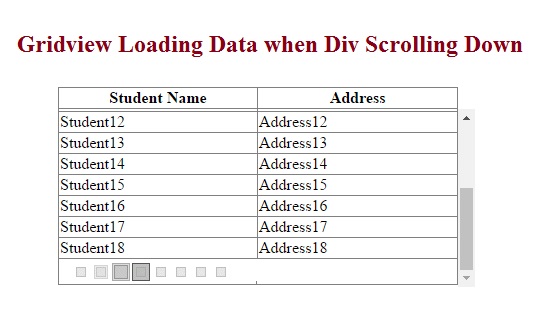 Gridview Loading Data when div scroll down by Using JQuery loading data on page scrolling down by using jquery