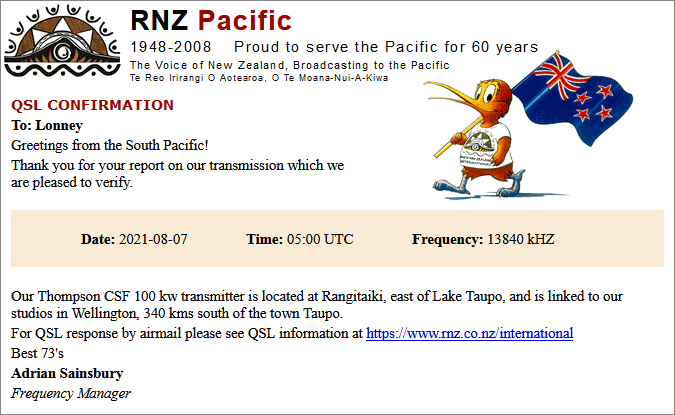 RNZ Pacific QSL card
