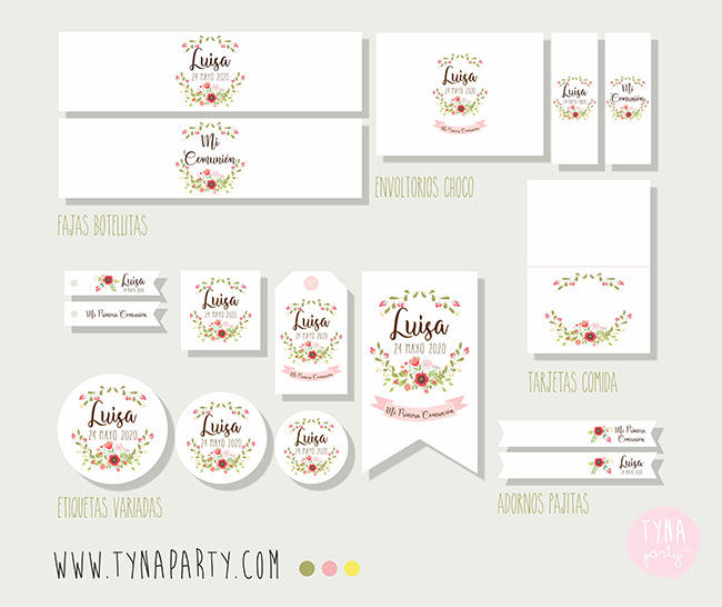 Etiquetas personalizadas para detalles de Primera Comunión niña, con  mariposas, y diferentes color de pelo. Pack 25 udes.