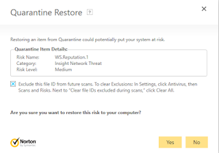 The "Quarantine Restore" window that opens after "Restore" is clicked.