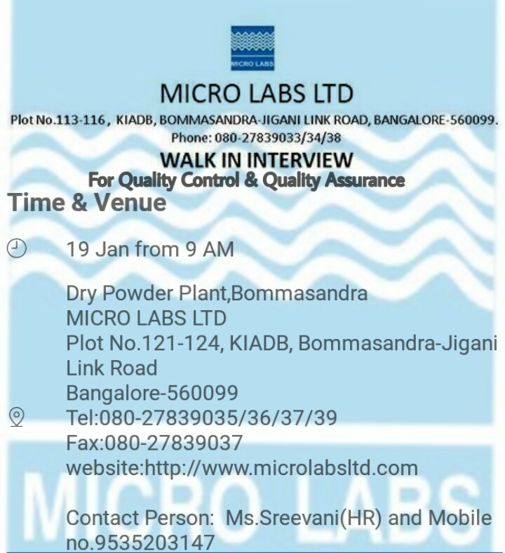Micro Labs WalkIn for QC&QA 19th Jan 2019 Bangalore
