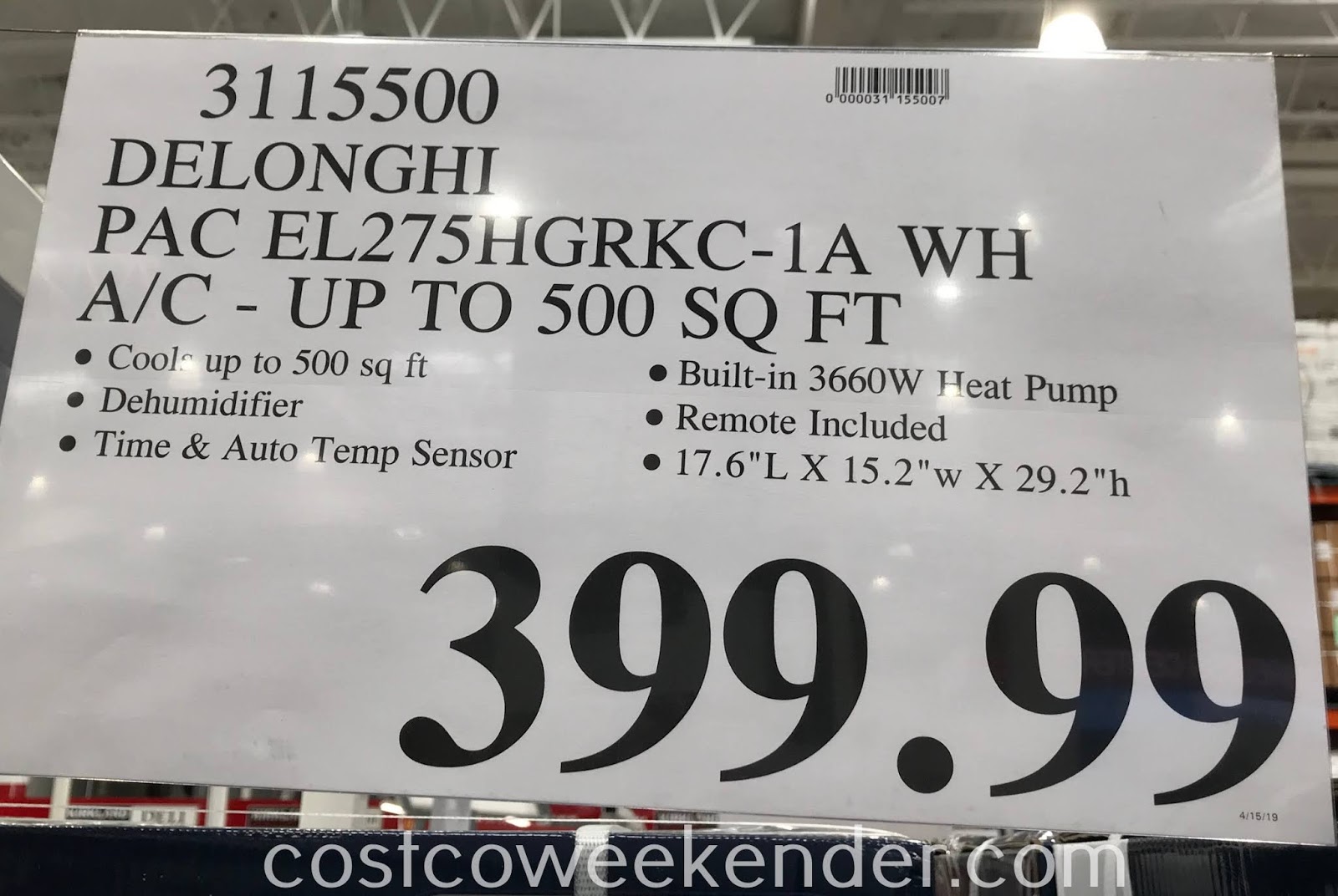 De'Longhi PAC EL275HGRKC-1A WH Portable Air Conditioner | Costco Weekender