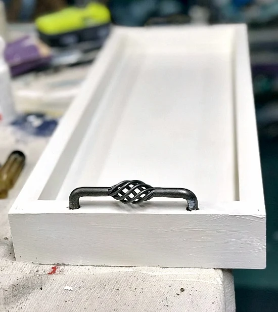 White painted Rustic tray with cabinet handles 