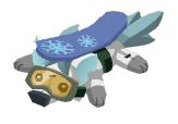 a white and sky blue hyena wearing goggles and a snowboard