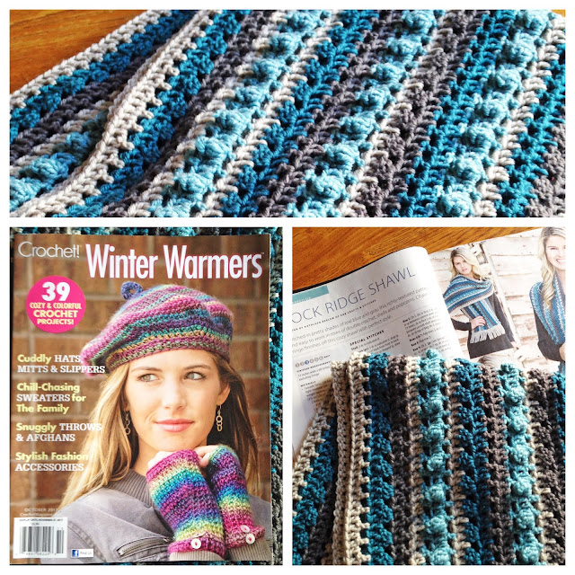 crocheted blue and gray shawl in Crochet! Winter Warmers magazine