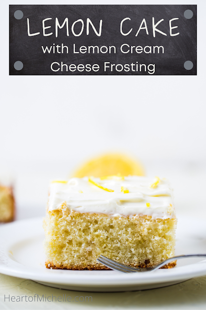 Lemon Cake with Lemon Cream Cheese Frosting A slice of lemon cake on a dessert plate.